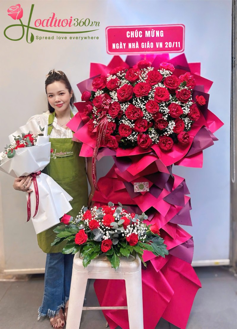 Combo bó hoa, lẵng hoa, kệ hoa chúc mừng đơn vị trường học 20/11 