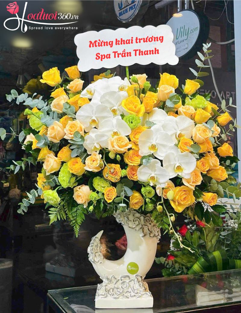 Hoa để bàn màu vàng mừng khai trương hồng phát 