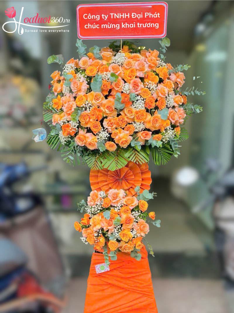 Kệ hoa hồng màu cam chúc mừng khai trương hồng phát 