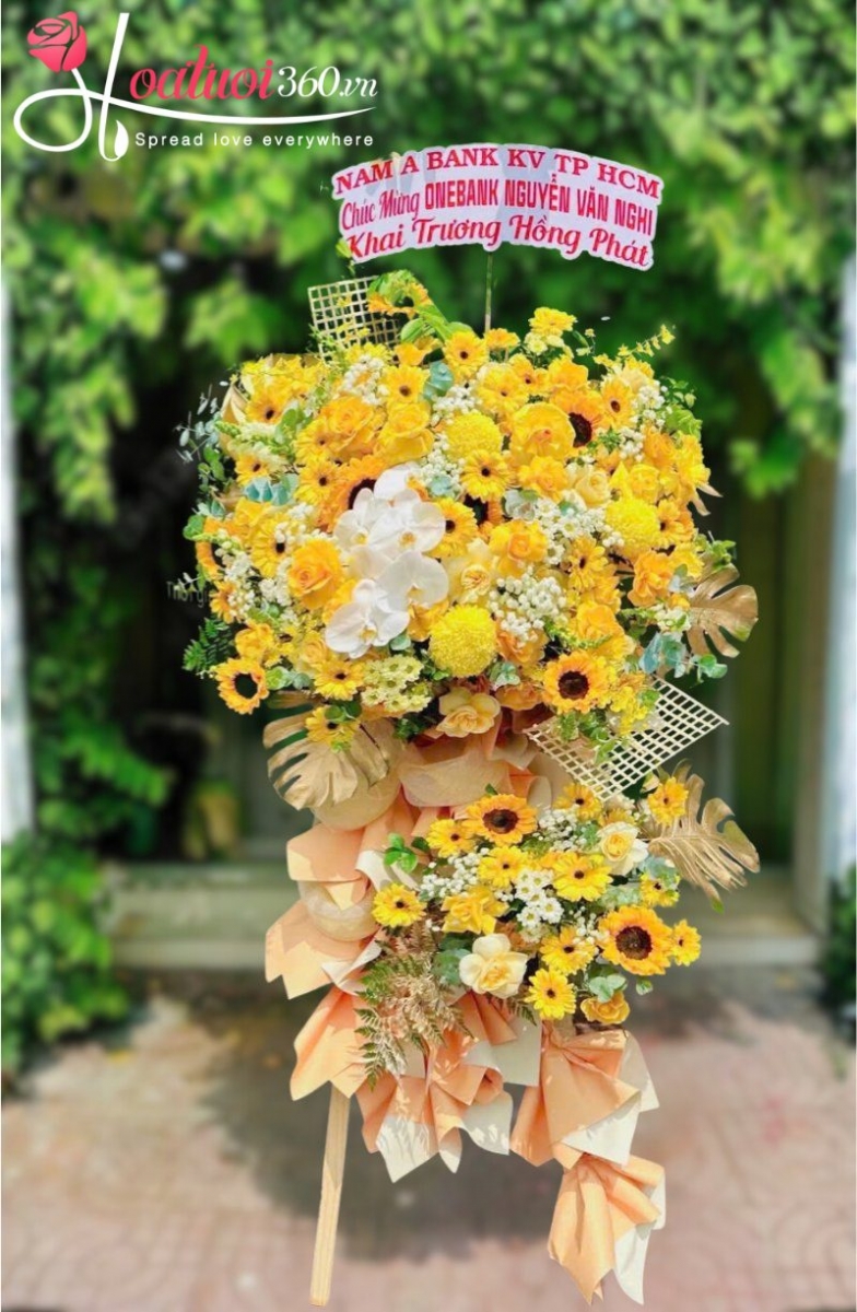 Mẫu hoa hướng dương và lan hồ điệp chúc mừng khai trương