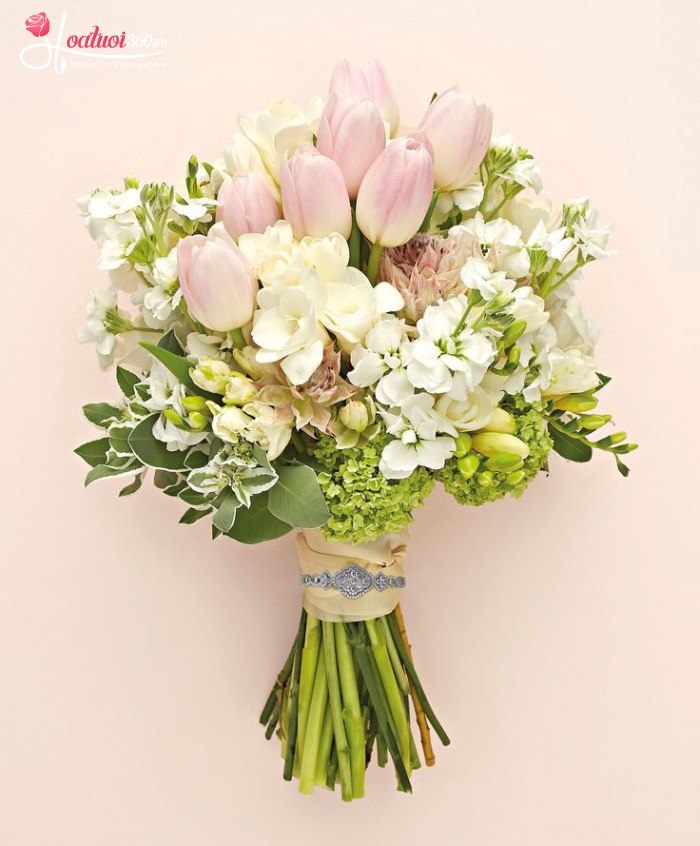 Hoa cưới tulip hồng mix cẩm tú cầu