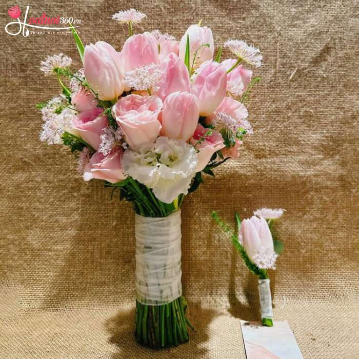 Hoa cưới tulip hồng mix cát tường
