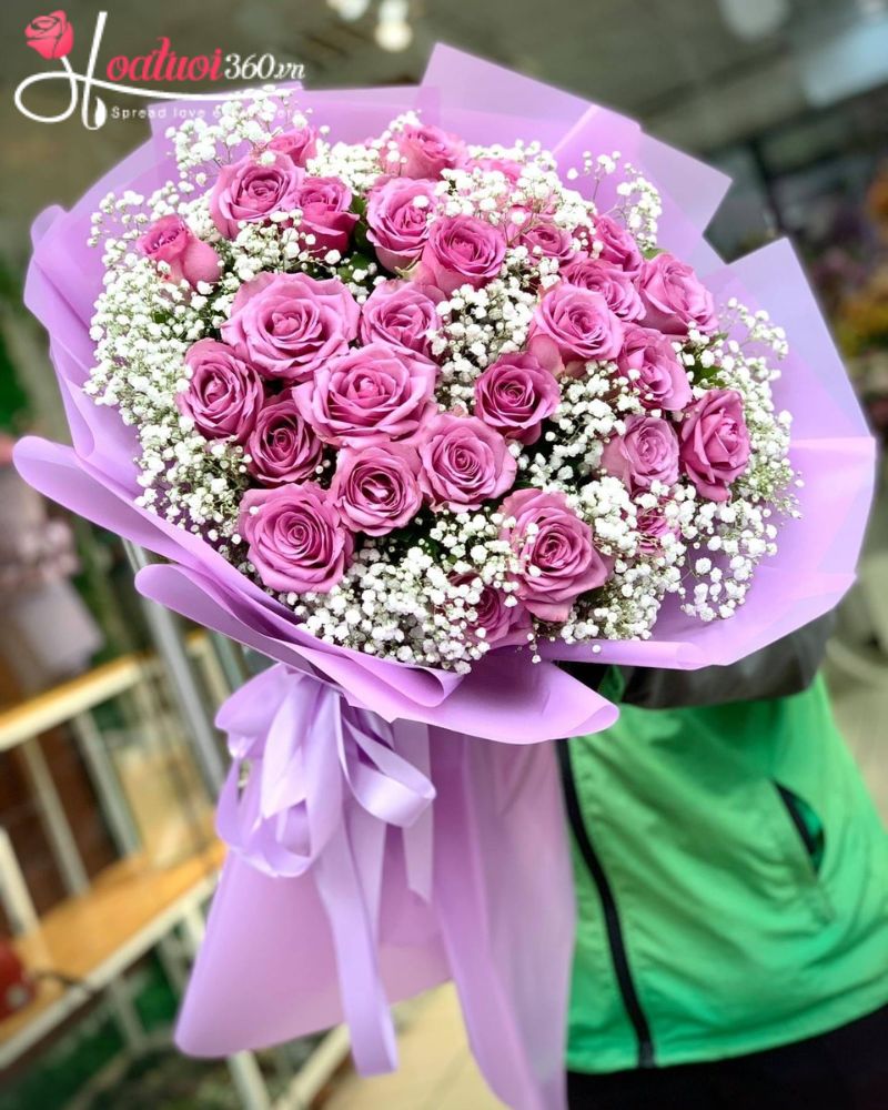 Bó hoa hồng tím mix baby trắng