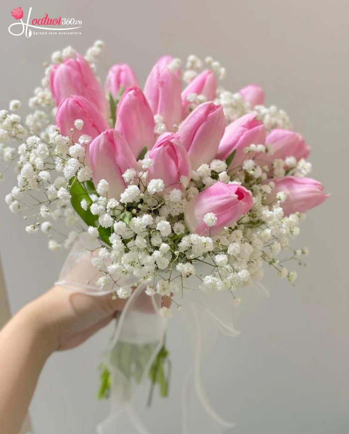 Hoa cưới tulip hồng mix baby trắng