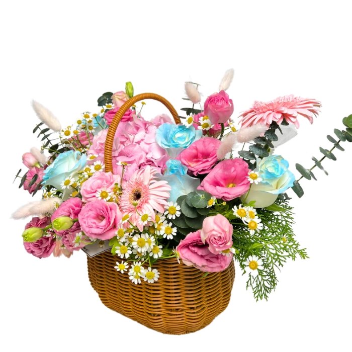 Giỏ hoa chúc mừng ngày khai trương kiểu dáng nhỏ gọn, phù hợp chưng bàn hoặc kệ