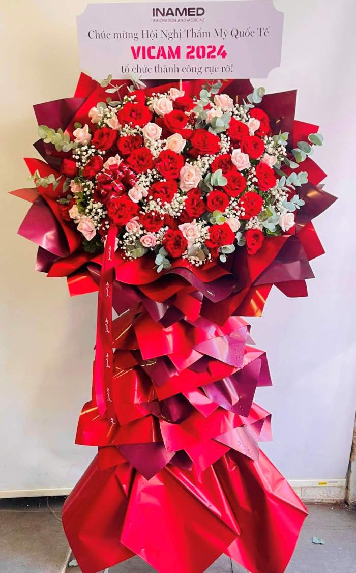 Kệ hoa chúc mừng khai trương big size tone đỏ tươi chủ đạo