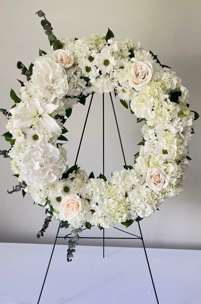 Vòng hoa hoa chia buồn màu trắng 3 chân