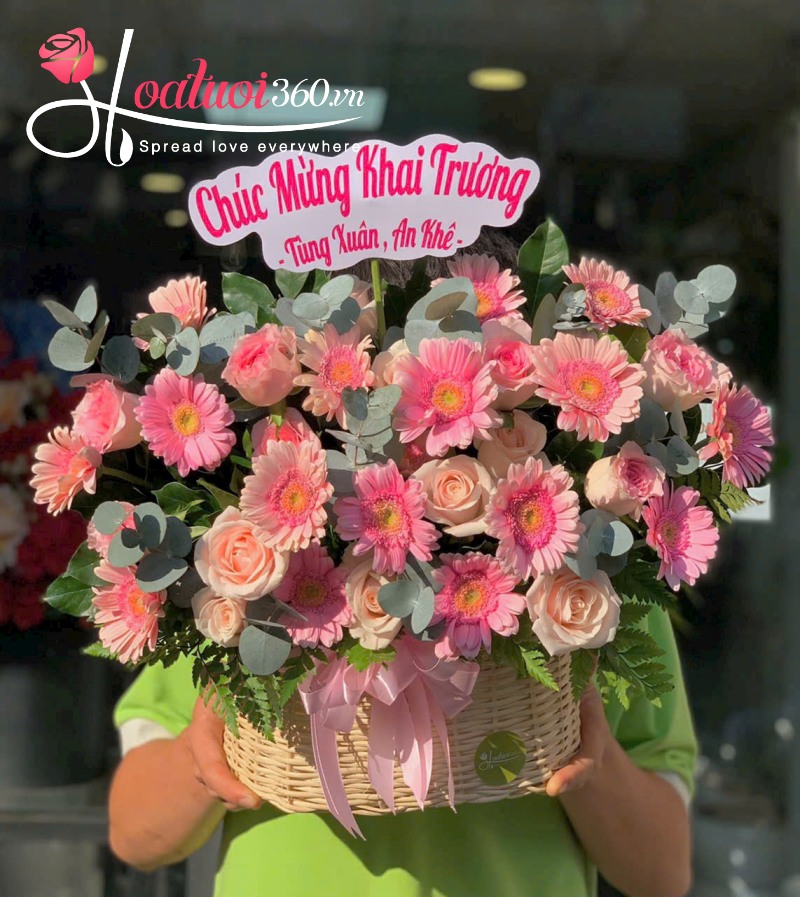 Giỏ hoa khai trương màu hồng