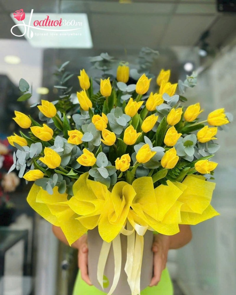 hộp hoa tulip vàng tặng 8/3 cho mẹ