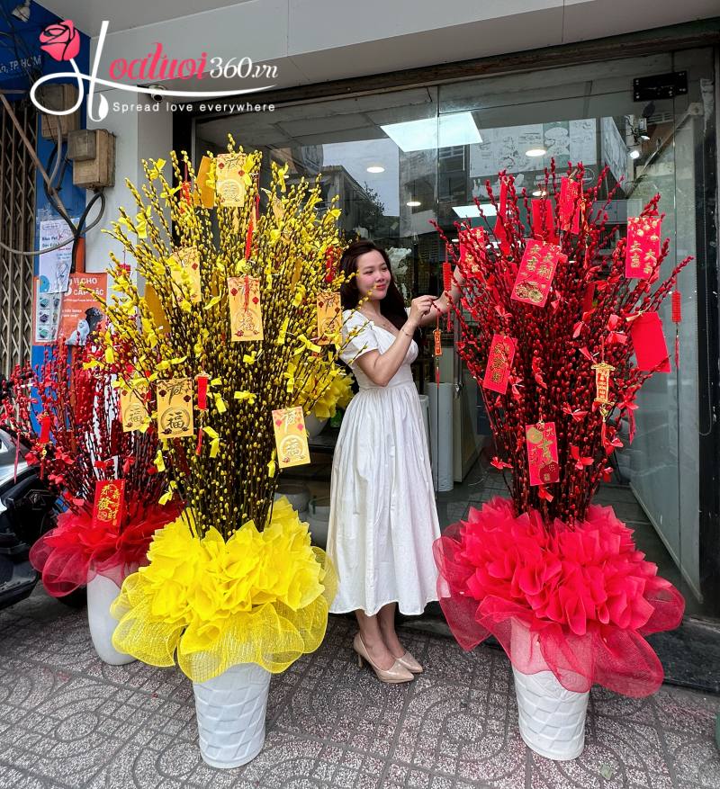 combo bình hoa nụ tầm xuân đỏ vàng