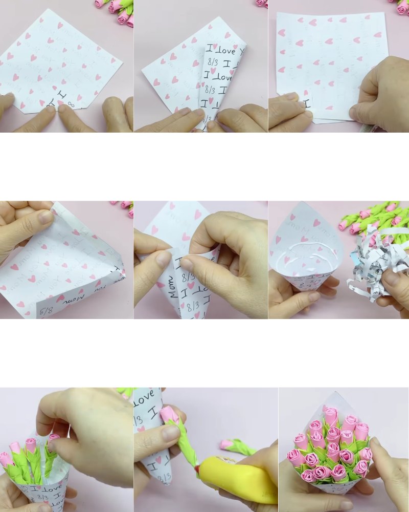 hoàn thành bó hoa hồng ốc quế mini