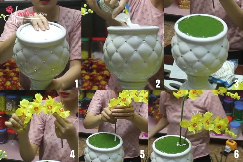 Cố định xốp vào chậu và phủ rêu mặt xốp