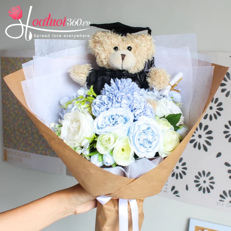 Bó hoa mix gấu bông phong cách đơn giản