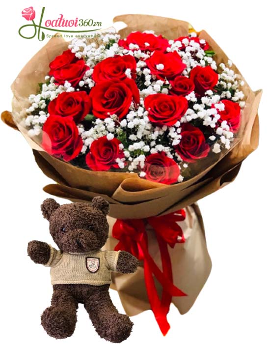 Gấu bông cùng hoa hồng